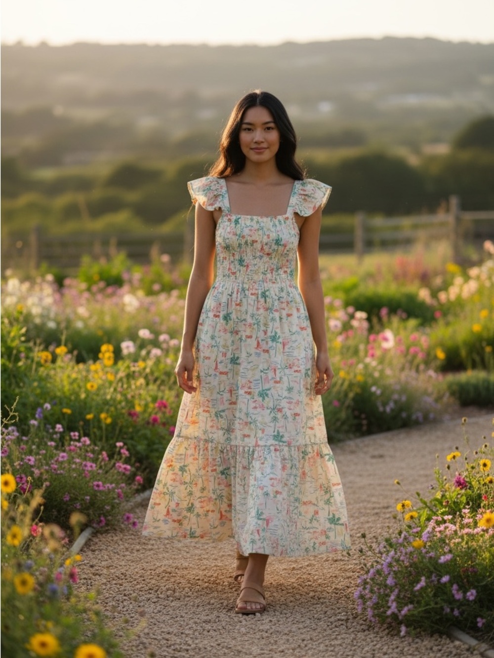 Karlie Coastal Seashore Printed Flutter Sleeve Tiered Maxi Dress